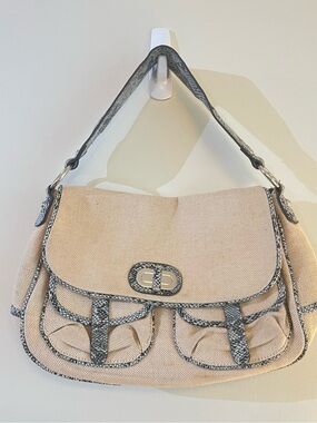 Beige Canvas Shoulder Bag with Snake-Trim Accent